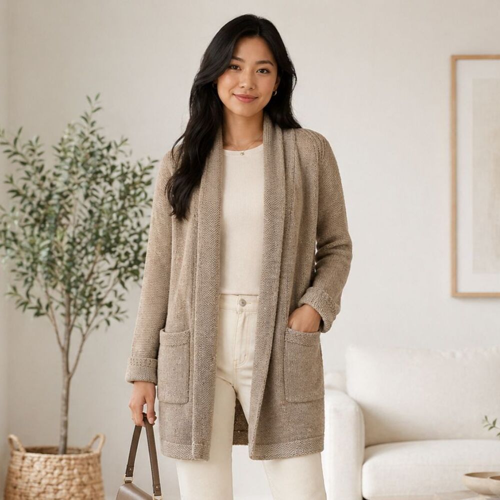 J Crew Long Cotton Wool Sweater Jacket Sz Small Brown Beige Open Front Knit Coat